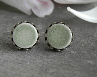 Green Tea Porcelain Stud Earrings, Handmade Green Romantic Ceramic Circle, Crackle Green Tea Color Post Earrings, Round Everyday Jewelry