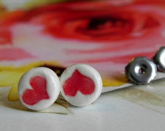 Porcelain Stud Earrings Red Heart Geometric Ceramic Hypoallergenic Posts Circle Earrings