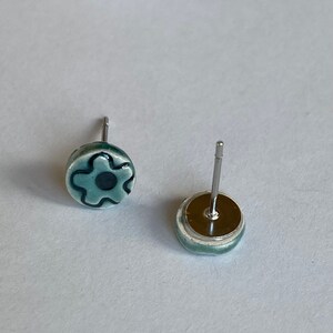 Tiny Ceramic Stud Earrings Peacock Porcelain Jewelry Green Earirngs Aqua Flower image 7