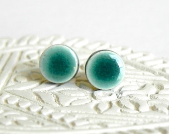 Green Ceramic Stud Earrings Peacock Posts Hypoallergenic Geometric Minimalist Modern Earrings