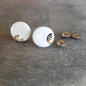 White and Gold Circle Porcelain Stud Earrings, Handmade Geometric Ceramic Jewelry,  Snow White Post Earrings, Round Everyday Jewelry