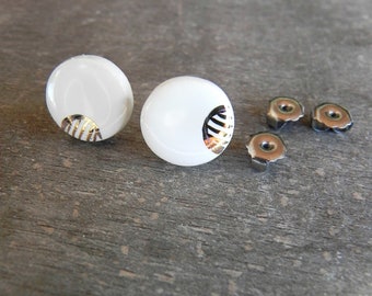 White and Gold Circle Porcelain Stud Earrings, Handmade Geometric Ceramic Jewelry,  Snow White Post Earrings, Round Everyday Jewelry