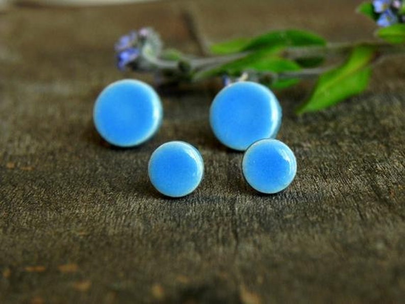 Tiny Bluebonnet Porcelain Stud Earrings, Minimalist Ceramic Circle, Blue Color Surgical Steel Post Earrings, Round EverydayJewelry image 3