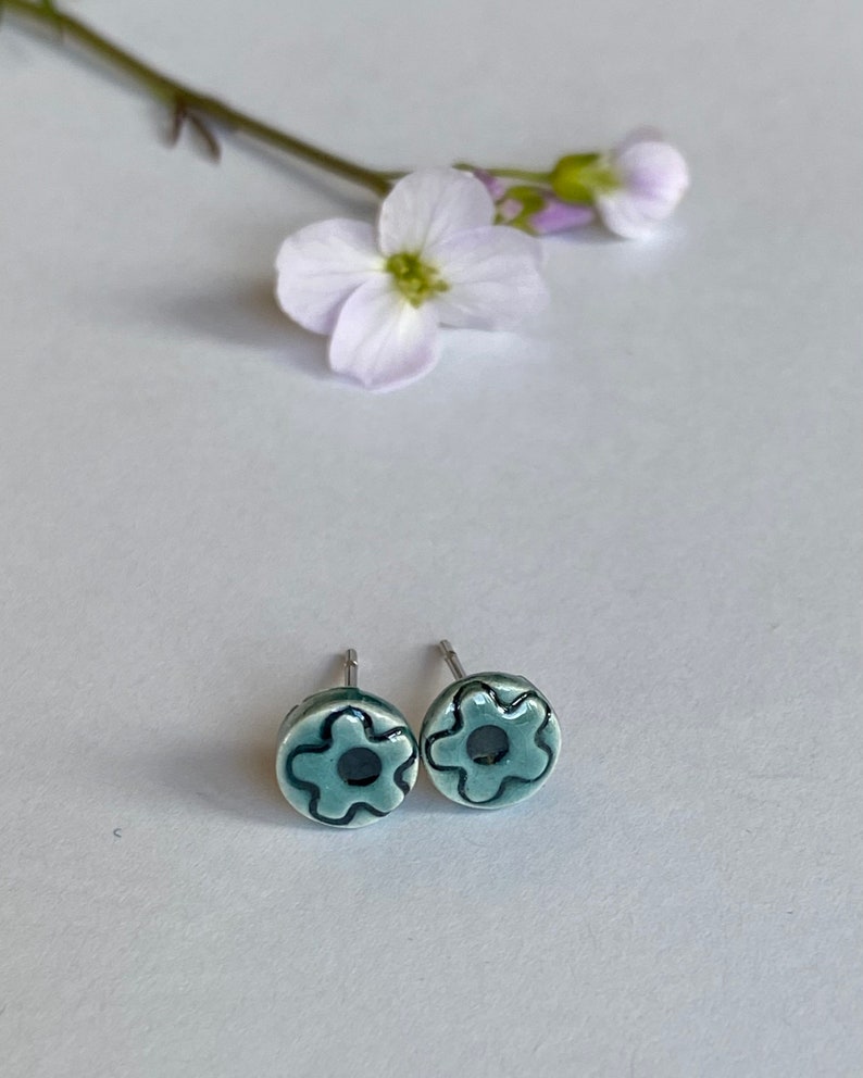 Tiny Ceramic Stud Earrings Peacock Porcelain Jewelry Green Earirngs Aqua Flower image 2