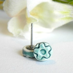 Tiny Ceramic Stud Earrings Peacock Porcelain Jewelry Green Earirngs Aqua Flower image 3