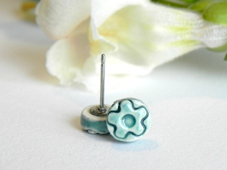 Tiny Ceramic Stud Earrings Peacock Porcelain Jewelry Green Earirngs Aqua Flower image 3