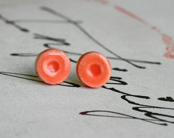 Tiny Orange Post Earrings, Dots Ceramic Geometric Earrings Stud, Hypoallergen Minimlist Nectarin Round Every Day Jewelry