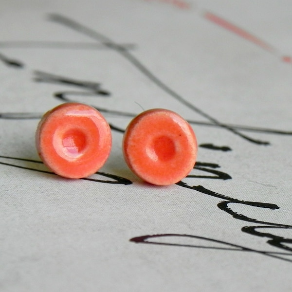 Tiny Orange Post Earrings, Dots Ceramic Geometric Earrings Stud, Hypoallergen Minimlist Nectarin Round Every Day Jewelry
