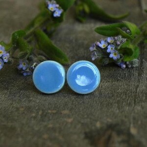 Tiny Bluebonnet Porcelain Stud Earrings, Minimalist Ceramic Circle, Blue Color Surgical Steel Post Earrings, Round EverydayJewelry image 6