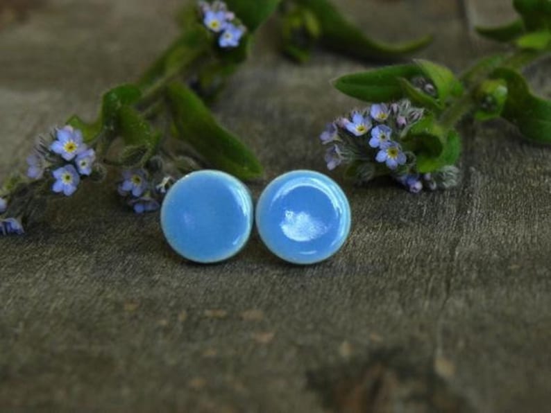 Tiny Bluebonnet Porcelain Stud Earrings, Minimalist Ceramic Circle, Blue Color Surgical Steel Post Earrings, Round EverydayJewelry image 6