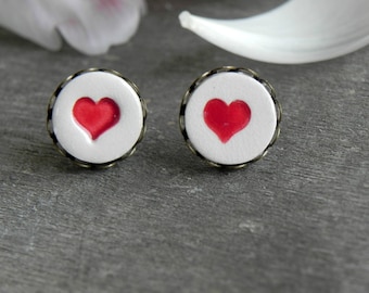 Red Heart Porcelain Stud Earrings, Love Post Earrings, Handmade  Romantic Ceramic Circle, Round Everyday Jewelry