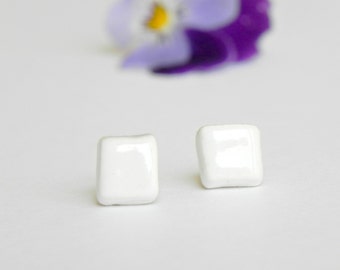 Geometric Post Earrings White Porcelain Studs Square Ceramic Earring Posts