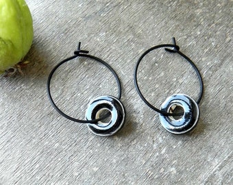 Donuts Shape Black Earrings, Ceramic Circle Earrings Hoop, Black Wire Hoop, Minimalist Ceramic Jewelry