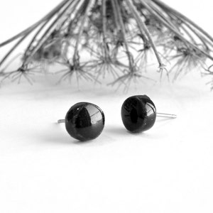 Unisex Black Round Porcelain Earrings, Small Shiny Ceramic Studs, Hypoallergenic Post, Modern Pottery Jewelry for Men