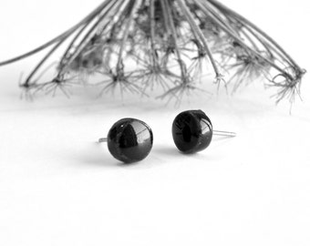 Unisex Black Round Porcelain Earrings, Small Shiny Ceramic Studs, Hypoallergenic Post, Modern Pottery Jewelry for Men