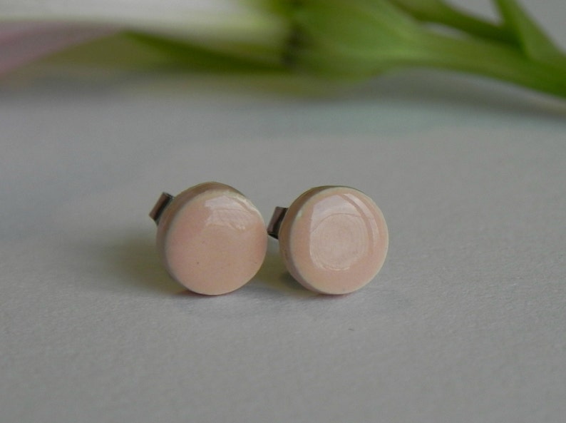 Peach Ceramic Post Earrings Tiny Round Pottery Studs Minimalist Fashion Jewelry image 3