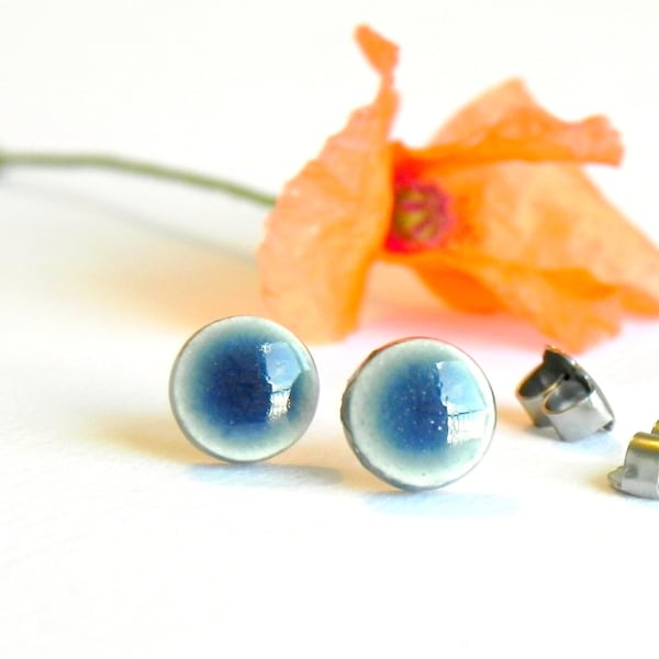 Tiny Ceramic Earrings, Denim Blue Stud Earrings, Hypoallergenic Post, Shiny Modern Pottery Jewelry