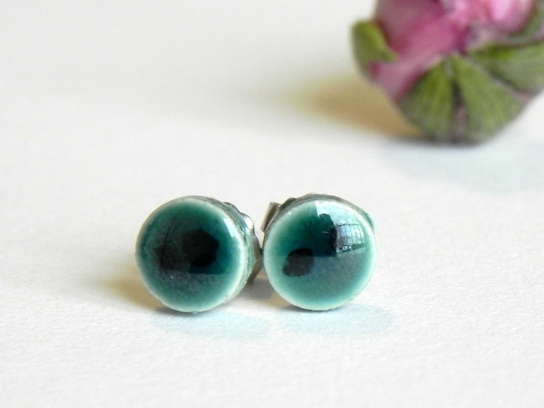 Green Ceramic Stud Earrings Ocean Mist with Black Dots Posts Hypoallergenic Geometric Minimalist Modern Earrings image 1