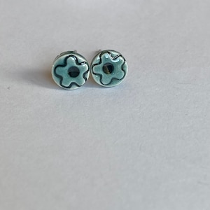 Tiny Ceramic Stud Earrings Peacock Porcelain Jewelry Green Earirngs Aqua Flower image 8