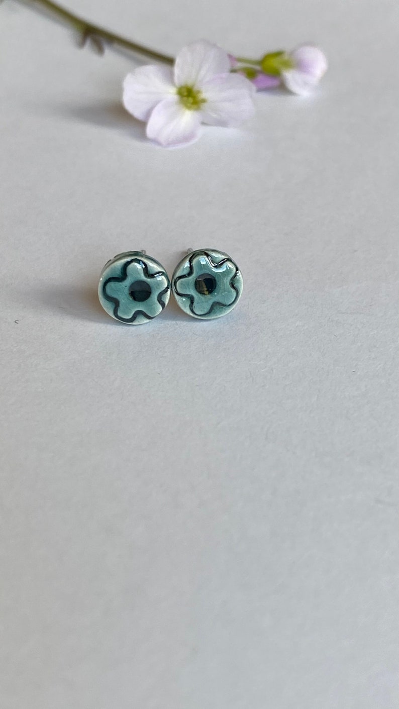 Tiny Ceramic Stud Earrings Peacock Porcelain Jewelry Green Earirngs Aqua Flower image 8