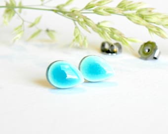 Turquoise Stud Earrings, Tiny Aqua Drop Ceramic Stud Earrings, Hypoallergenic Posts Bridal Jewelry