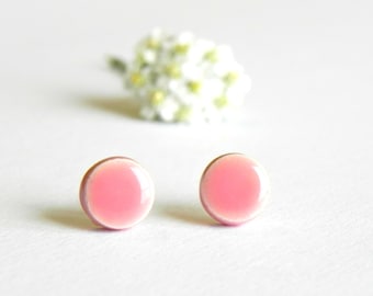 Pink Stud Earrings, Tiny Round Pottery, Miami Pink, Surgical Steel Posts Minimalist Everyday Jewelry