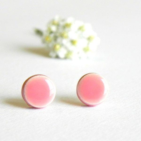 Pink Stud Earrings, Tiny Round Pottery, Miami Pink, Surgical Steel Posts Minimalist Everyday Jewelry