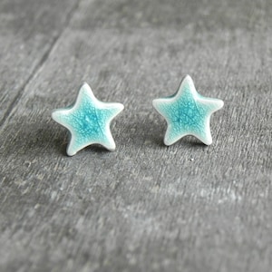 Turquoise Star Porcelain Stud Earrings, Handmade Ceramic Aqua Blue Crackle Post Earrings, Star Beach Style Jewelry