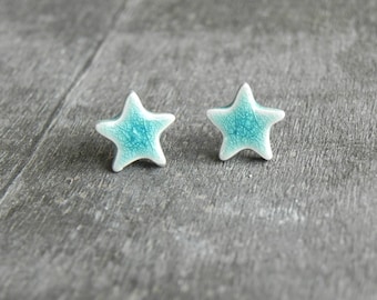 Turquoise Star Porcelain Stud Earrings, Handmade Ceramic Aqua Blue Crackle Post Earrings, Star Beach Style Jewelry