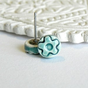 Tiny Ceramic Stud Earrings Peacock Porcelain Jewelry Green Earirngs Aqua Flower image 5