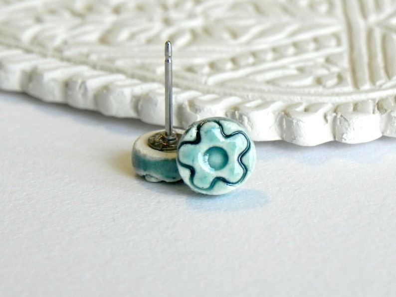 Tiny Ceramic Stud Earrings Peacock Porcelain Jewelry Green Earirngs Aqua Flower image 5