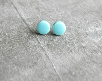 Turquoise Tiny Circle Ceramic Earrings, Aqua Blue Lightweight Stud Earrings, Hypoallergenic Porcelain Post, Modern Geometric Pottery Jewelry