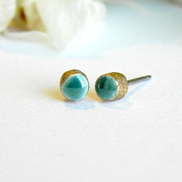 Gold and Peacock Mini Post Earrings Circle Porcelain Stud Earrings Hypoallergenic Round Ceramic Tiny Pottery Jewelry