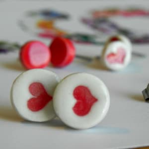 Porcelain Stud Earrings, Red Heart Geometric Ceramic Hypoallergenic Posts 1/2&#39;&#39; Circle Earrings