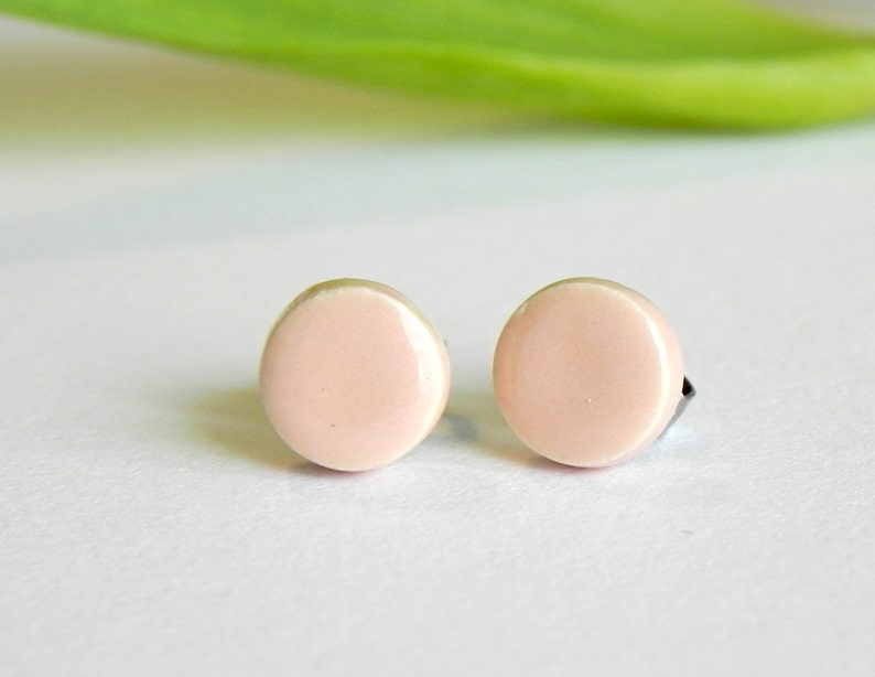 Peach Ceramic Post Earrings Tiny Round Pottery Studs Minimalist Fashion Jewelry image 4