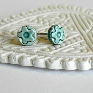 Tiny Ceramic Stud Earrings Peacock Porcelain Jewelry Green Earirngs Aqua Flower image 4