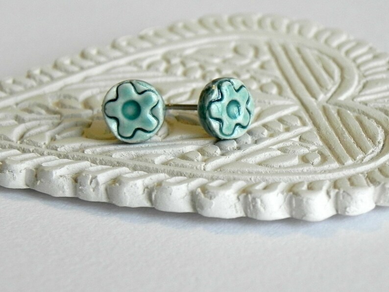 Tiny Ceramic Stud Earrings Peacock Porcelain Jewelry Green Earirngs Aqua Flower image 4