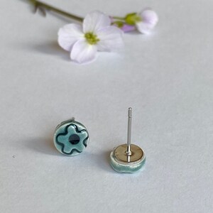 Tiny Ceramic Stud Earrings Peacock Porcelain Jewelry Green Earirngs Aqua Flower image 6