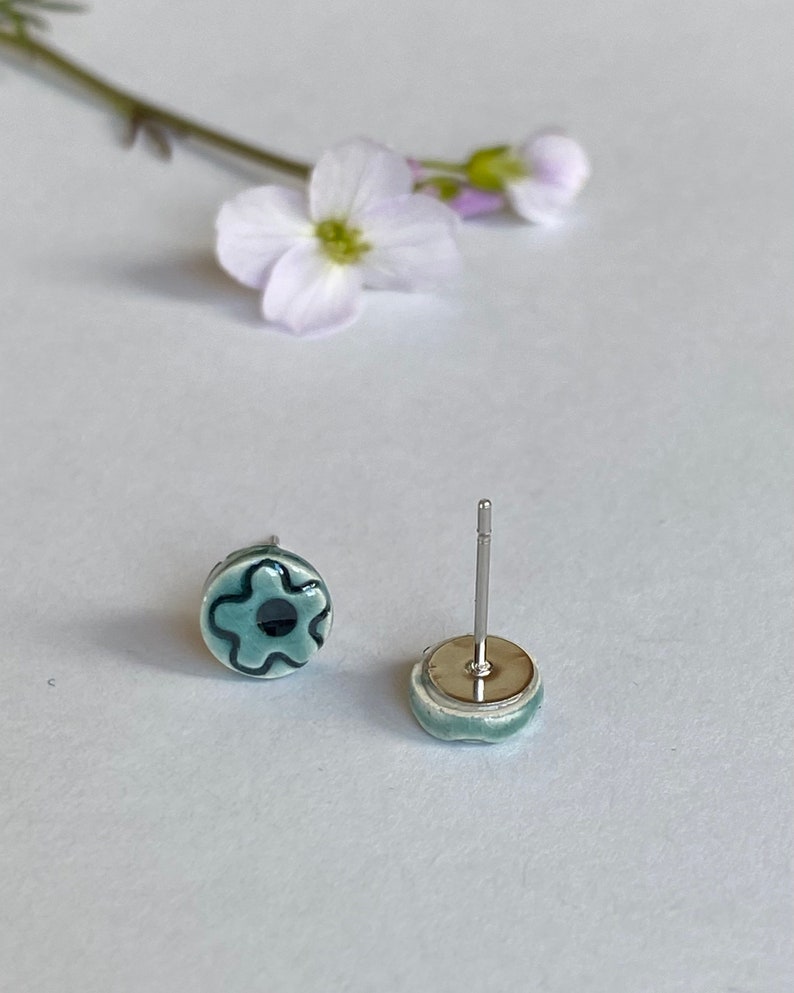 Tiny Ceramic Stud Earrings Peacock Porcelain Jewelry Green Earirngs Aqua Flower image 6