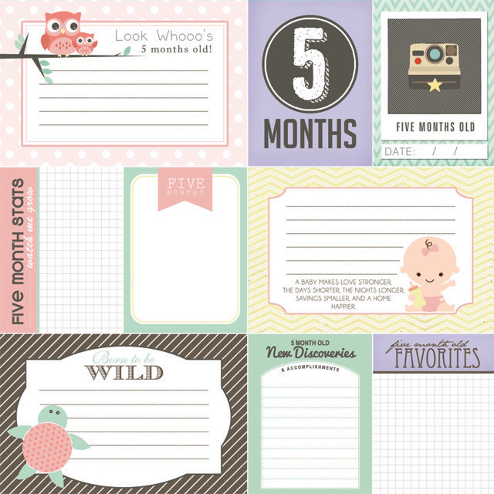 5 Months Old Baby Girl Journal Cards. Digital Scrapbooking. Etsy
