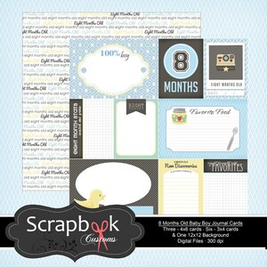 May include: A collection of digital scrapbook cards for an eight-month-old baby boy. The cards feature various designs, including a "100% boy" label, a "Favorite Food" card, and a card that says "Eight Months Old".