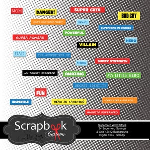 Superheld Worte. ClipArt. Digitaler Download. Super Junge. Verzierungen. Scrapbooking. Word-Streifen