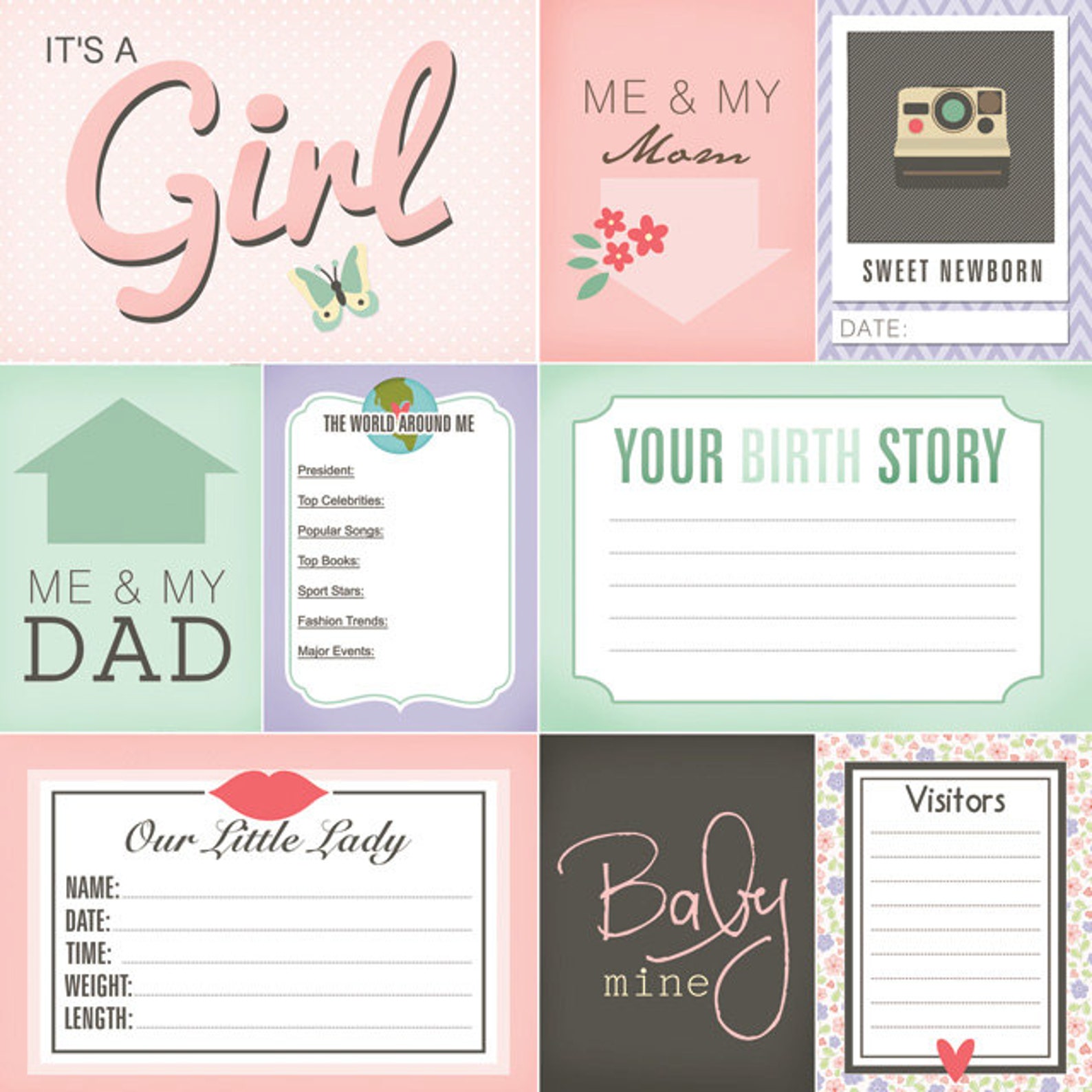 Newborn Baby Girl Journal Cards. Digital Scrapbooking. Project Etsy
