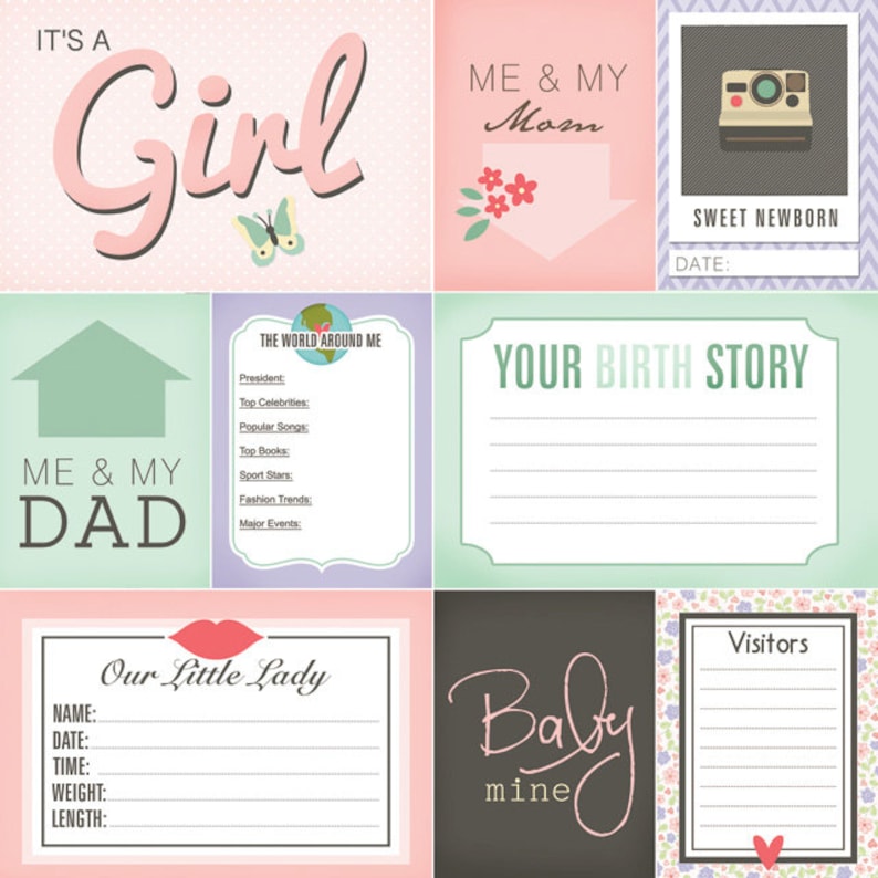 Newborn Baby Girl Journal Cards. Digital Scrapbooking. Project Etsy