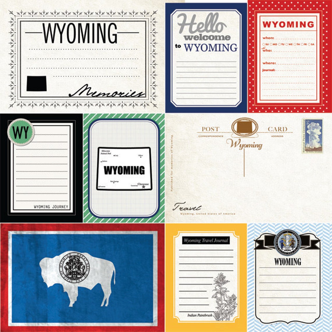 Wyoming Vintage Journal Cards. Digital Scrapbooking. Project Life