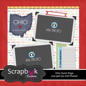 Può includere: Un modello di pagina di scrapbook con una mappa dell'Ohio con il testo "Ohio, The Buckeye State". La pagina include due spazi per foto 4x6, uno spazio per scrivere "Ohio Memories", e il testo "Ohio Quick Page, Just add two 4x6 Photos!"