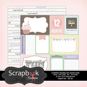 12 mesi vecchio Baby Girl Journal carte. Scrapbooking digitale. Progetto di vita. Download immediato.