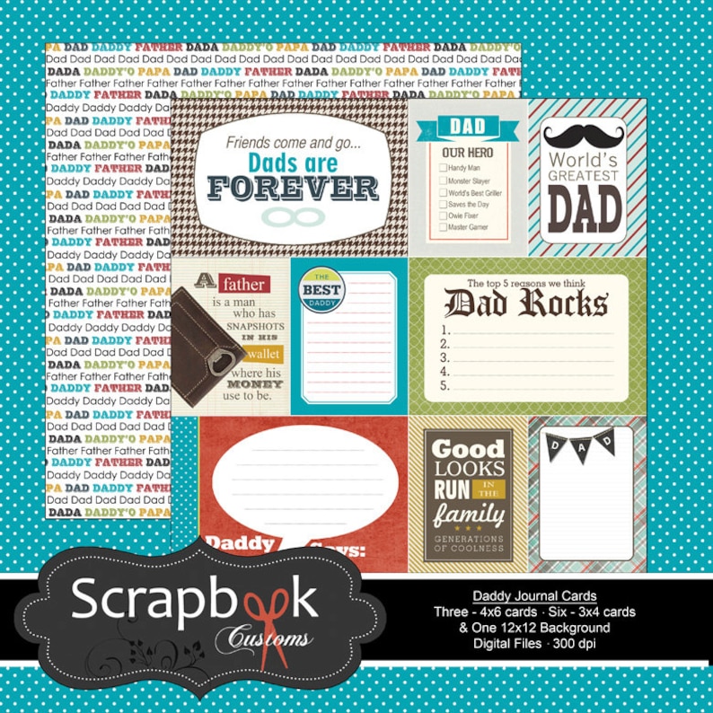 Puede incluir: Un paquete de papel digital para scrapbooking con un fondo de lunares azul, verde y blanco. El paquete de papel incluye una variedad de dise&ntilde;os con texto como "Los pap&aacute;s son para siempre", "Pap&aacute; es genial" y "Las buenas apariencias corren en la familia".