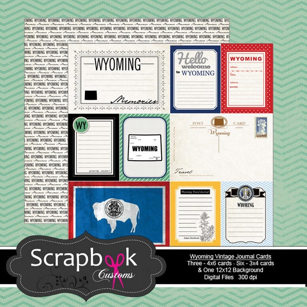 Wyoming Vintage Journal Cards. Digital Scrapbooking. Project Life. Instant Download.