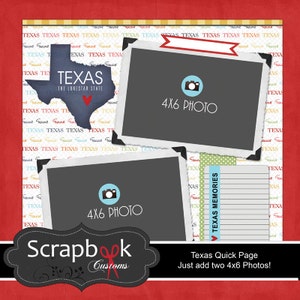 Può includere: Un modello di pagina di scrapbook a tema Texas. La pagina presenta una silhouette dello stato del Texas con le parole "Texas, The Lone Star State". Ci sono due segnaposto per foto 4x6, uno spazio per la scrittura e il testo "Texas Quick Page, Just add two 4x6 Photos!"